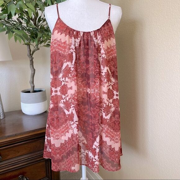 Show Me Your Mumu Burgundy Red & Pink Floral Scoop Neck Mini Dress Tunic Medium - Picture 1 of 3